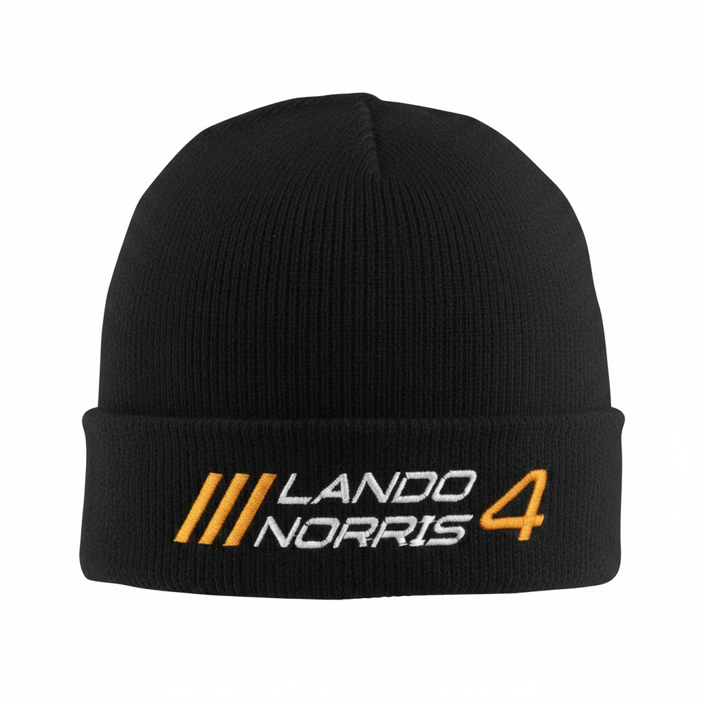 Lando Norris 4 Knitted Beanie White Background