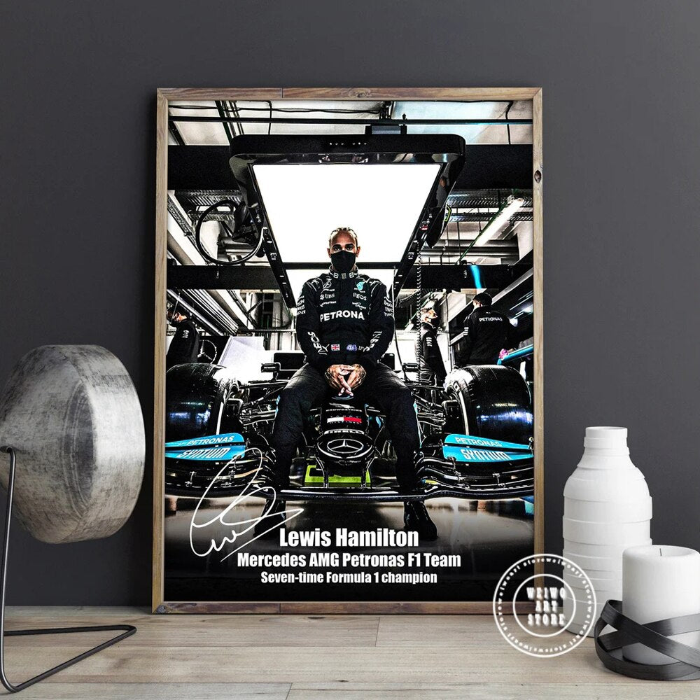 Lewis Hamilton Poster with Signature Printed on Canvas | Home Decor Fan Merchandise | LH44 Gift